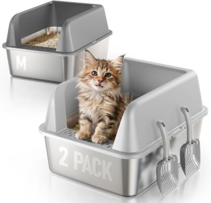 Fusblom 2 Pack Stainless Steel Cat Litter Box Medium, Metal Kitty Litter Box with High Sides, Easy to Clean, No Stains, Odor-Free for Kittens/Multi-Cats