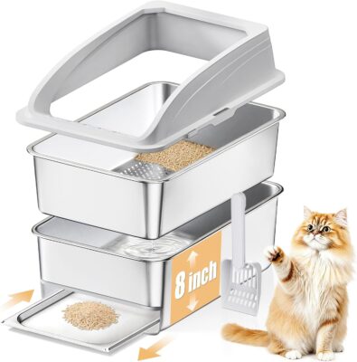 APPKER 23.6"x15.7"x13.78" Stainless Steel Sifting Litter Box with Lid, XL Sifting Design for Pine Pellets, High Sides Metal Litter Box for Big Cats 7.9in Deep, Easy-to-Clean Removable Drawer Pan