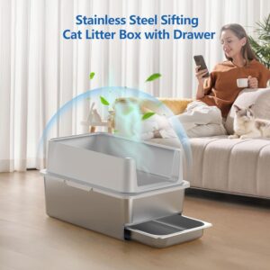 Alternative view of 23.6x16x14'' Sifting Litter Box with Drawers, Stainless Steel Drawer Litter Box with 6'' Lid & Metal Scoop, XL Cat Litter Tray, Odor-Control & Saves Clean Time, Fits Most Cats