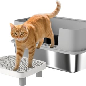 PawHut Stainless Steel Litter Box, Extra Large High Sided Cat Litter Box with Scoop, Pedal, Anti-Urine Leakage, Non-Sticky and Easy Cleaning, Gray