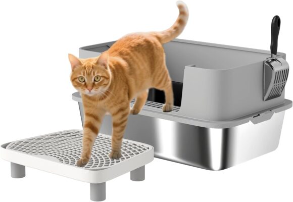 PawHut Stainless Steel Litter Box, Extra Large High Sided Cat Litter Box with Scoop, Pedal, Anti-Urine Leakage, Non-Sticky and Easy Cleaning, Gray